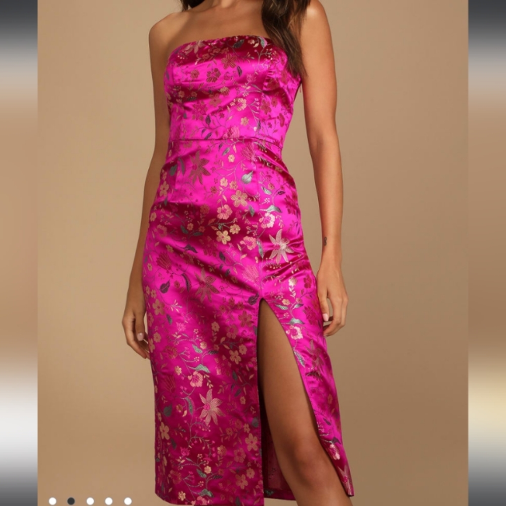 PINK SATIN FLORAL JACQUARD STRAPLESS MIDI DRESS